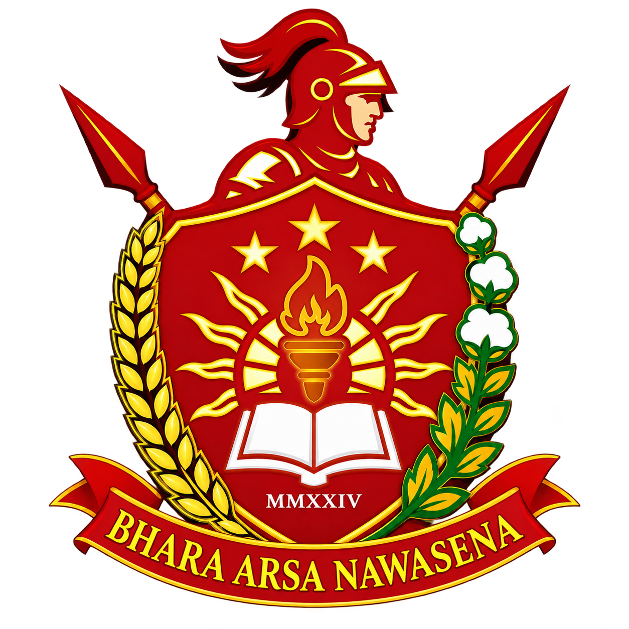 Lambang Batalyon Bhara Arsa Nawasena: ksatria, perisai merah, tiga bintang, matahari, obor, buku, padi, kapas, dan pita nama.